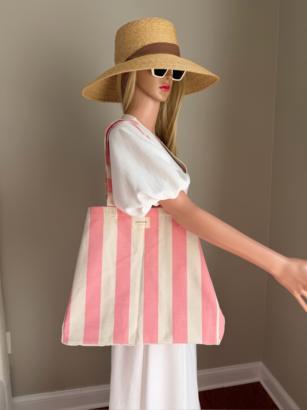 Sezane Pink & Cream Striped Canvas Tote
